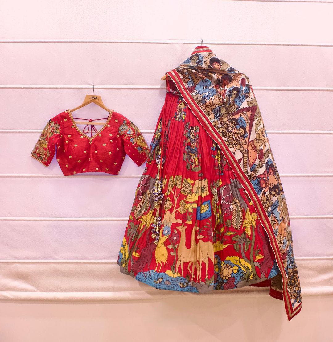Ready Made Red Color French Crape Silk Printed Lehenga Choli