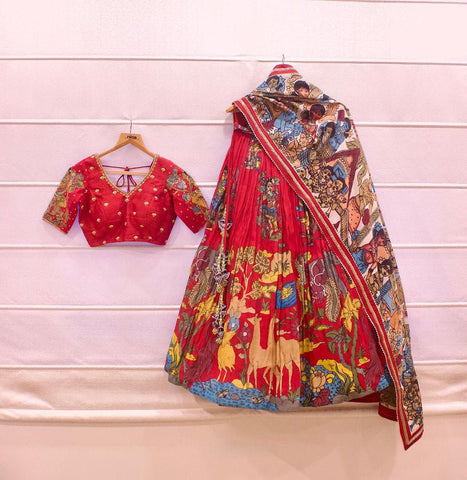 Ready Made Red Color French Crape Silk Printed Lehenga Choli