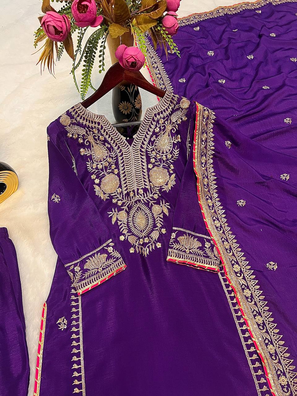 Purple Color Chinon Silk Sequence Work Sharara Suit