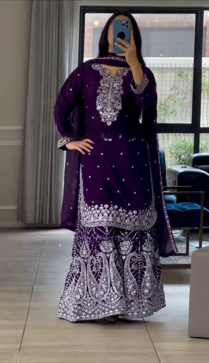 Purple Color Embroidered Chnon Silk Sharara Suit