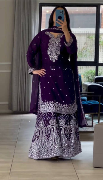 Purple Color Embroidered Chnon Silk Sharara Suit