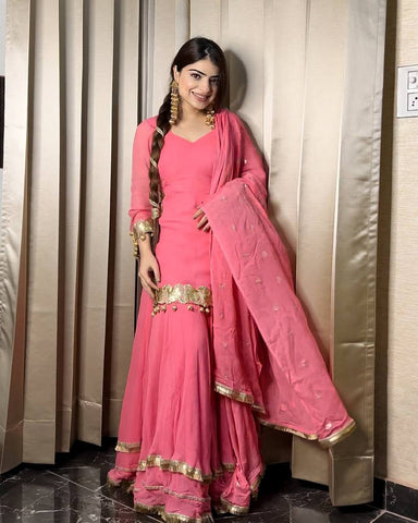 Peach Color Chinon Silk Sequence Work Sharara Suit