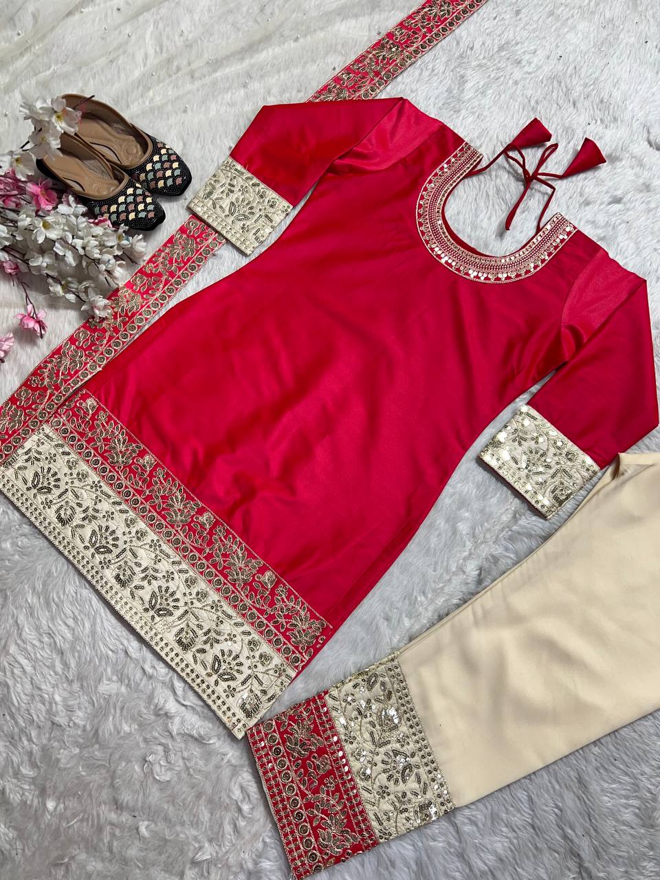 Red Color Satin Silk Sequence Ready Made Salwar Suit