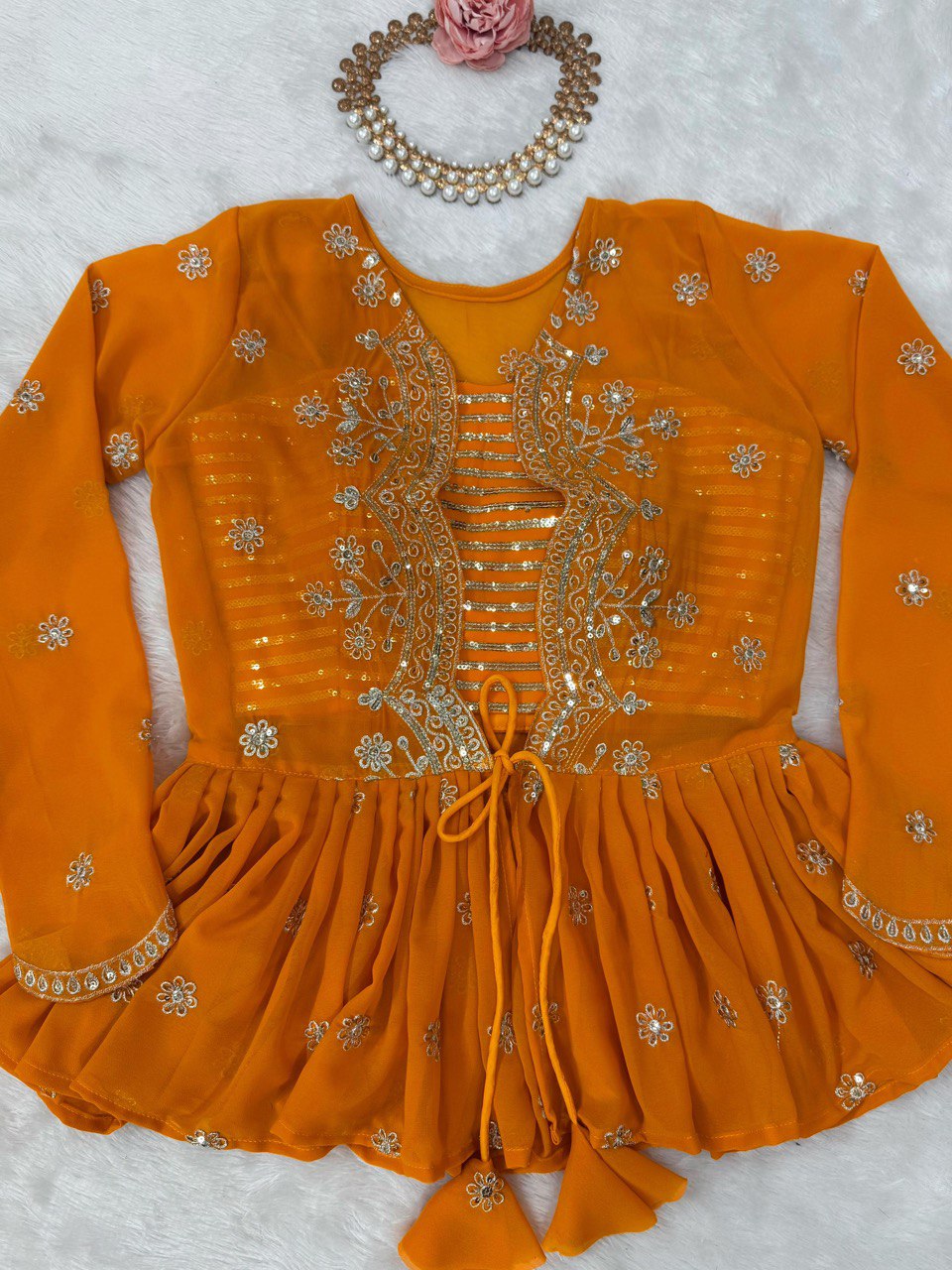 Orange Color Georgette Sequence Koti Lehenga Choli