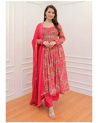 Pink Color Georgette Embroidery Top Pent Dupatta