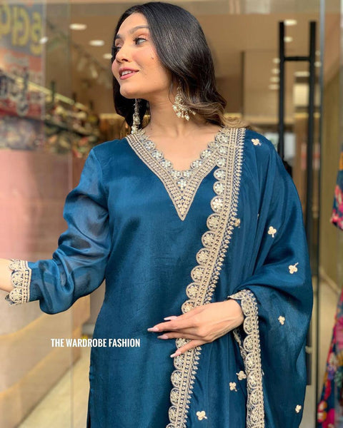 Trendy Rama Satin Embroidery Salwar Suit