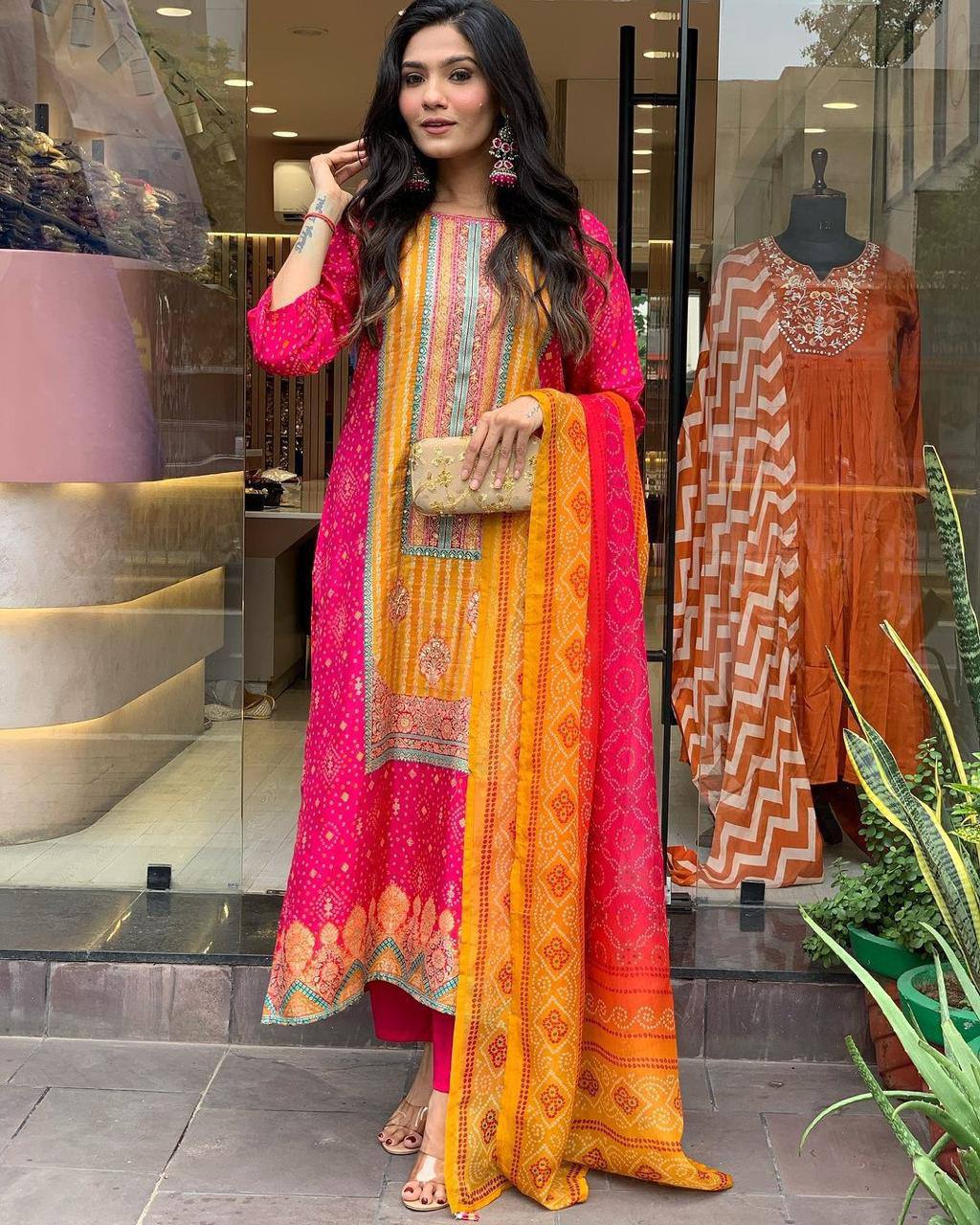 Pink Color Satin Stone Work Bandhani Printed Salwar Suit