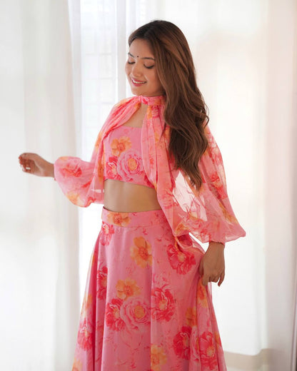 Pink Color Full Stitched Printed Organza Lehenga Choli