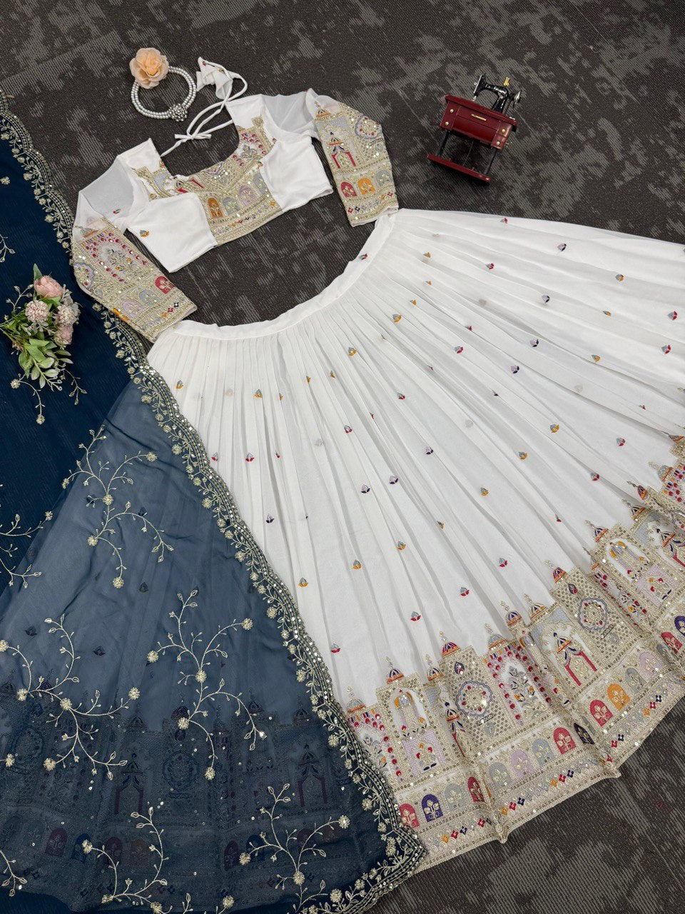 White Color Faux Georgette With Sequnce Work Lehenga Choli