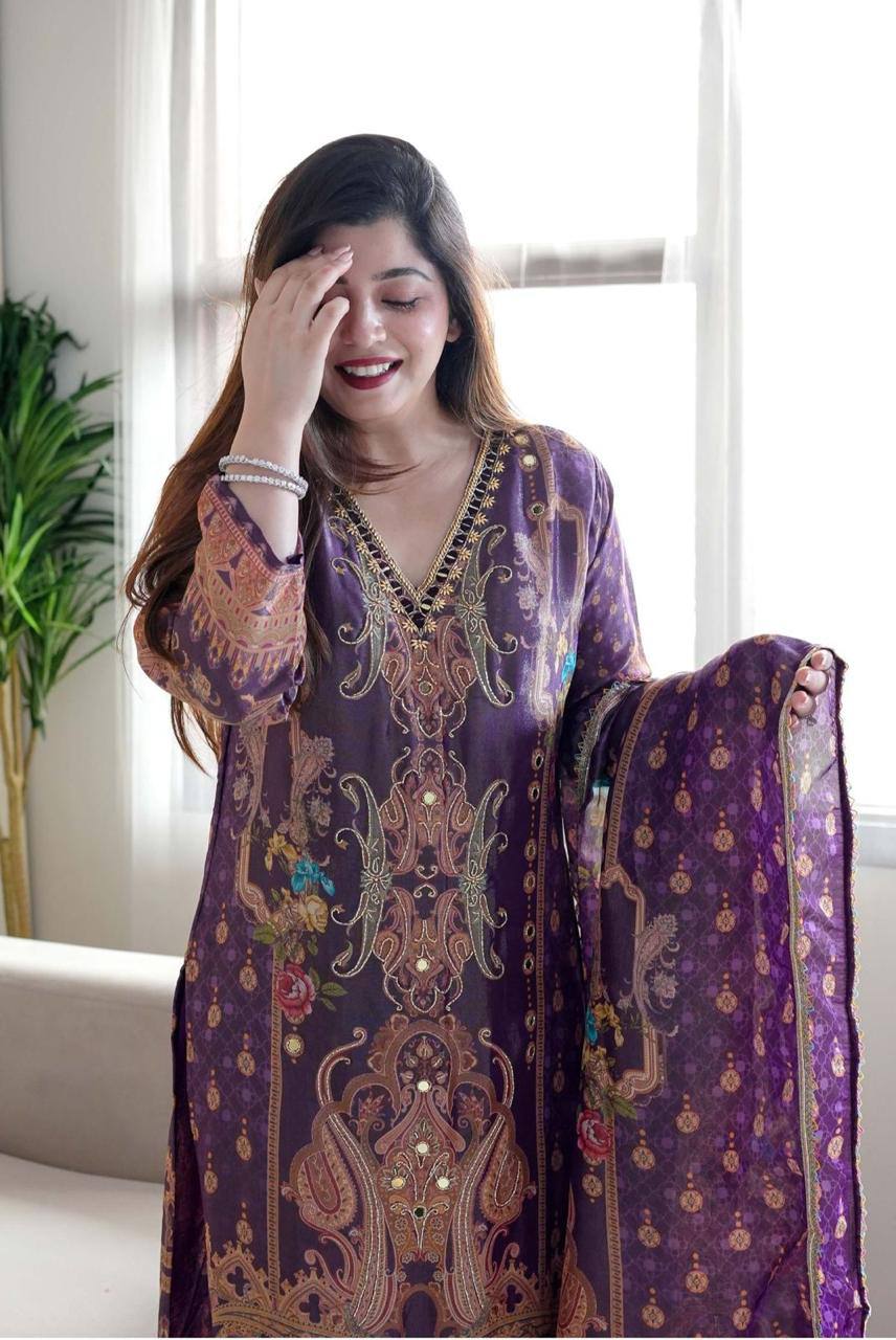Purple Color Satin Printed Mirror Salwar Suit
