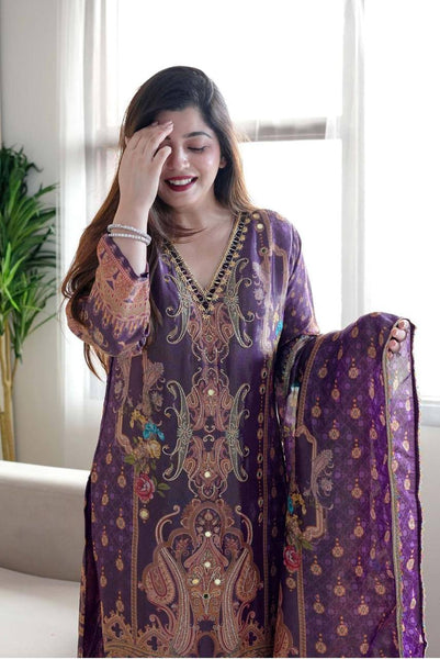 Purple Color Satin Printed Mirror Salwar Suit