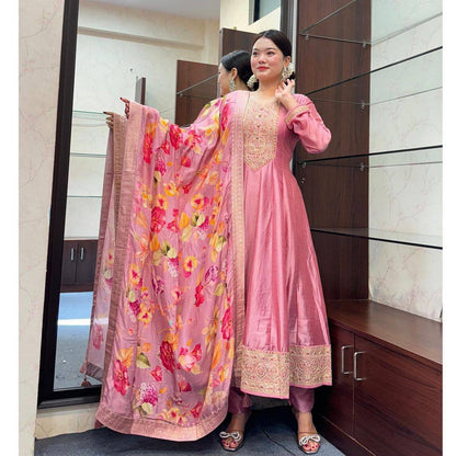 Pastel Pink Color Roman Silk Embroidery Salwar Suit