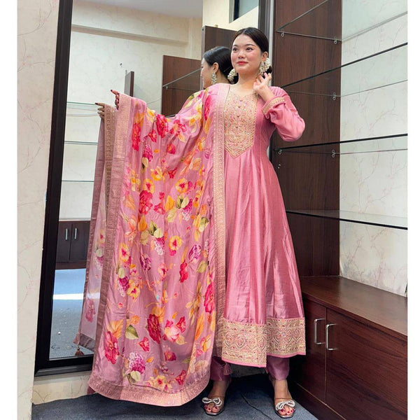 Pastel Pink Color Roman Silk Embroidery Salwar Suit