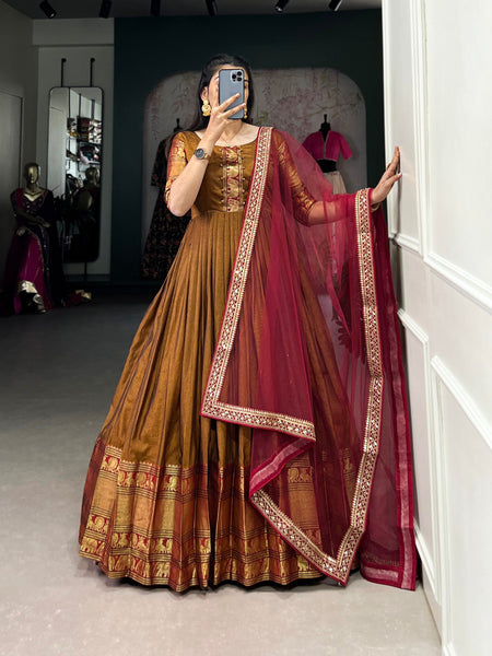 Brown Color Cotton Zari Weaving Gown Dupatta