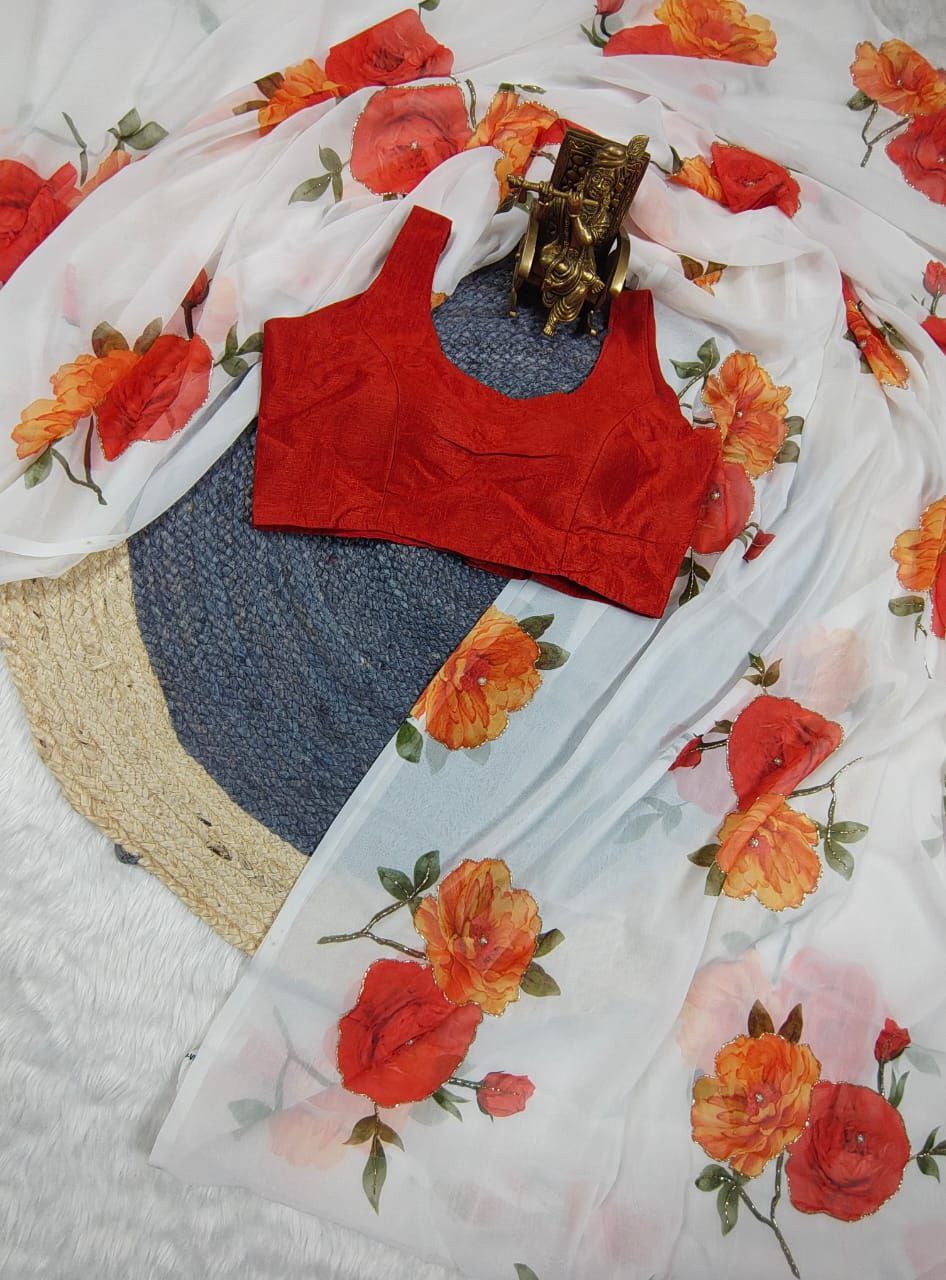Latest White Color Georgette Hand Work Printed Saree Blouse