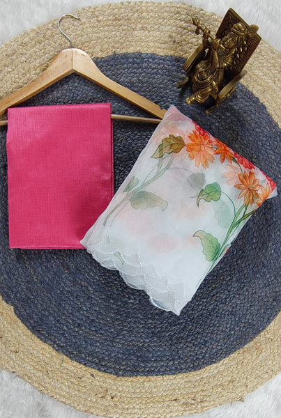 White Color Organza Silk Printed Saree Blouse