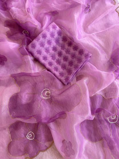 Purple Color Organza Silk Moti Printed Work Saree Blouse