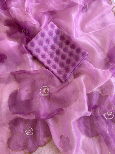 Purple Color Organza Silk Moti Printed Work Saree Blouse