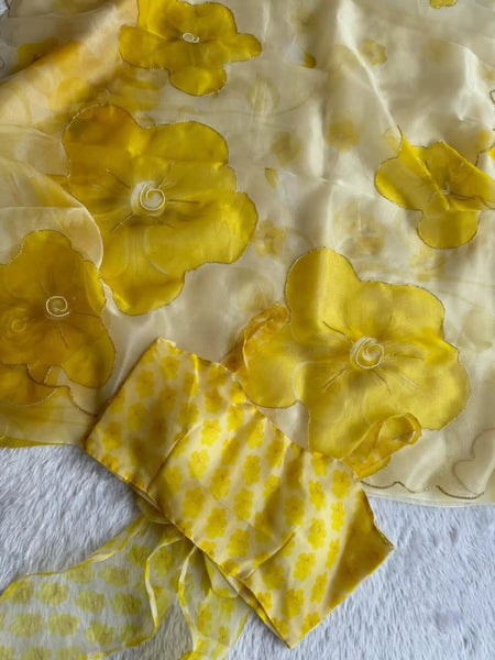 Latest Yellow Color Moti Hand Work Organza Silk Saree Blouse