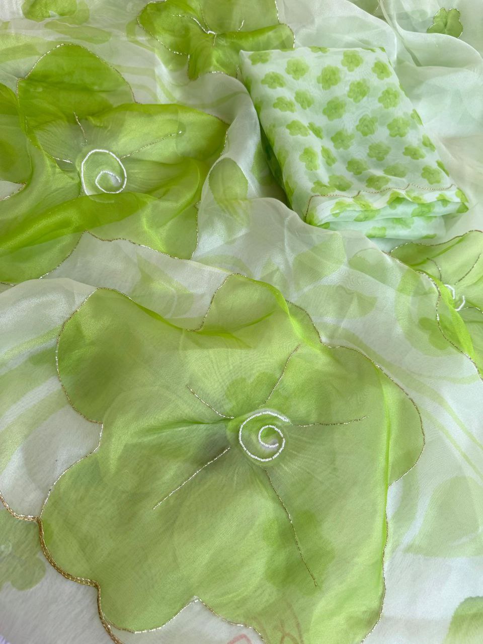 Green Color Organza Silk Digital Printed Hand Work Saree Blouse