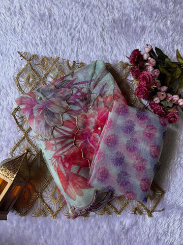 Multi Color Chinon Silk Sequence Printed Saree Blouse