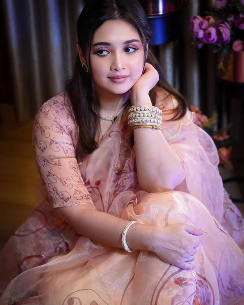 Organza Silk Moti Hnd Work Pirnted Saree Blouse