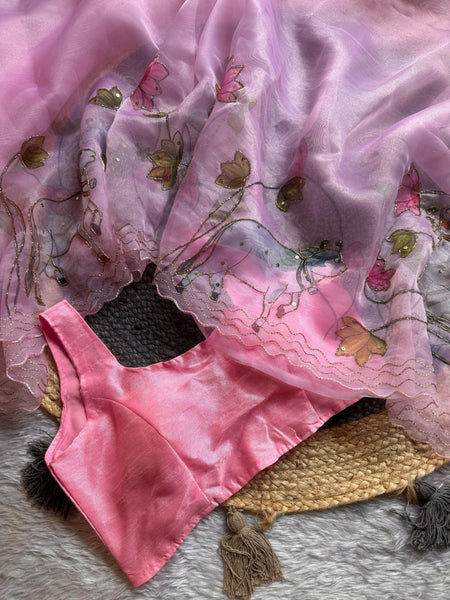 Organza Khatli Work Printed Saree Blouse