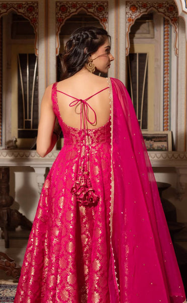 Rani Cclor Jacquard Anarkali Gown Dupatta Bottom Set