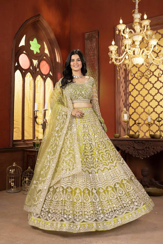 Green Color Net Sequence Lehenga Choli