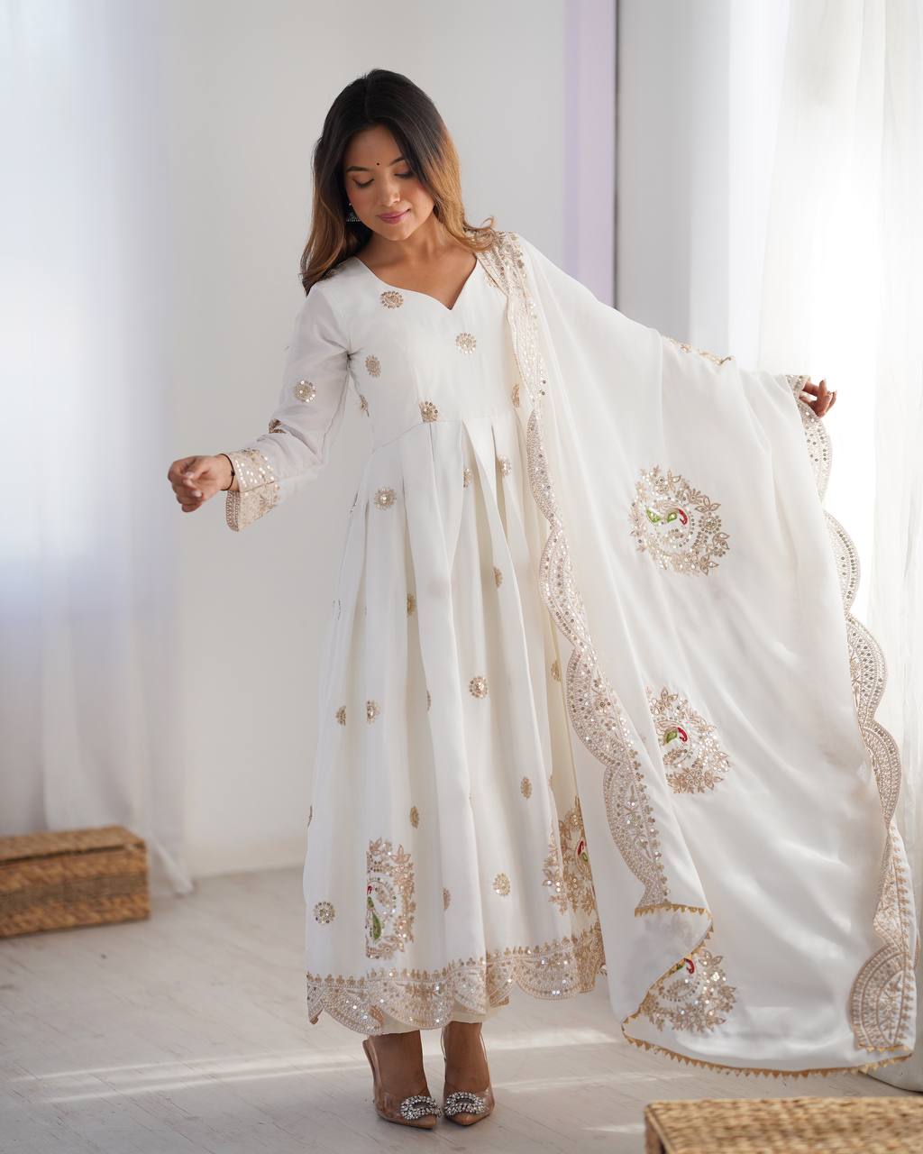 White Color Chinon Silk Sequence Work Salwar Suit