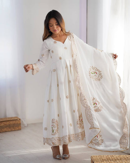 White Color Chinon Silk Sequence Work Salwar Suit