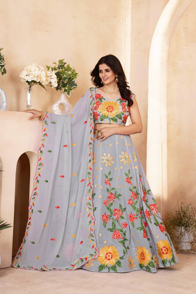 Latest Grey Color Georgette Embroidery Lehenga Choli