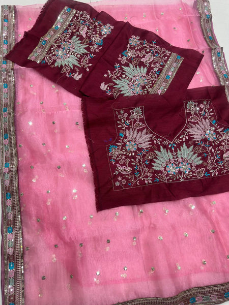 Pink Color Organza Silk Sequence Saree Blouse