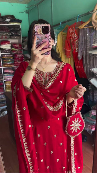 Red Color Roman Silk Sequence Salwar Suit