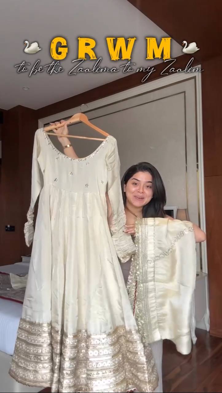 Ville Fashion Women's Off-White Chinon Silk Anarkali Suit with Heavy Sequence Work & Salwar