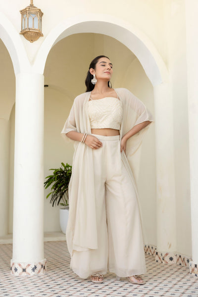 Off White Color Georgette Gotta Patti Plazo Top Shrug