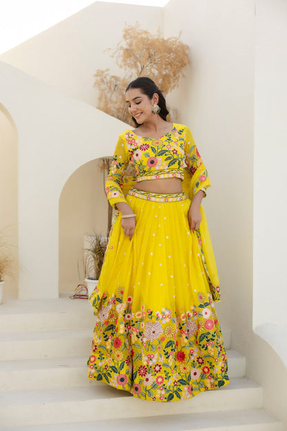 Wedding Wear Yellow Color Organza Sequence Lehenga Choli