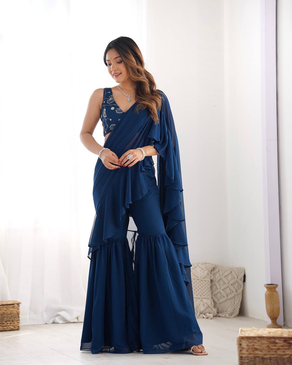 Latest Blue Color Georgette Sharara Saree