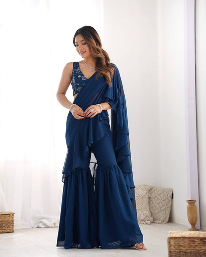 Latest Blue Color Georgette Sharara Saree