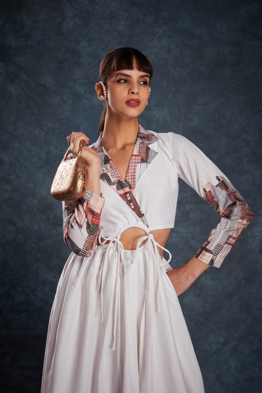 White Color Linen Printed Maxi Gown