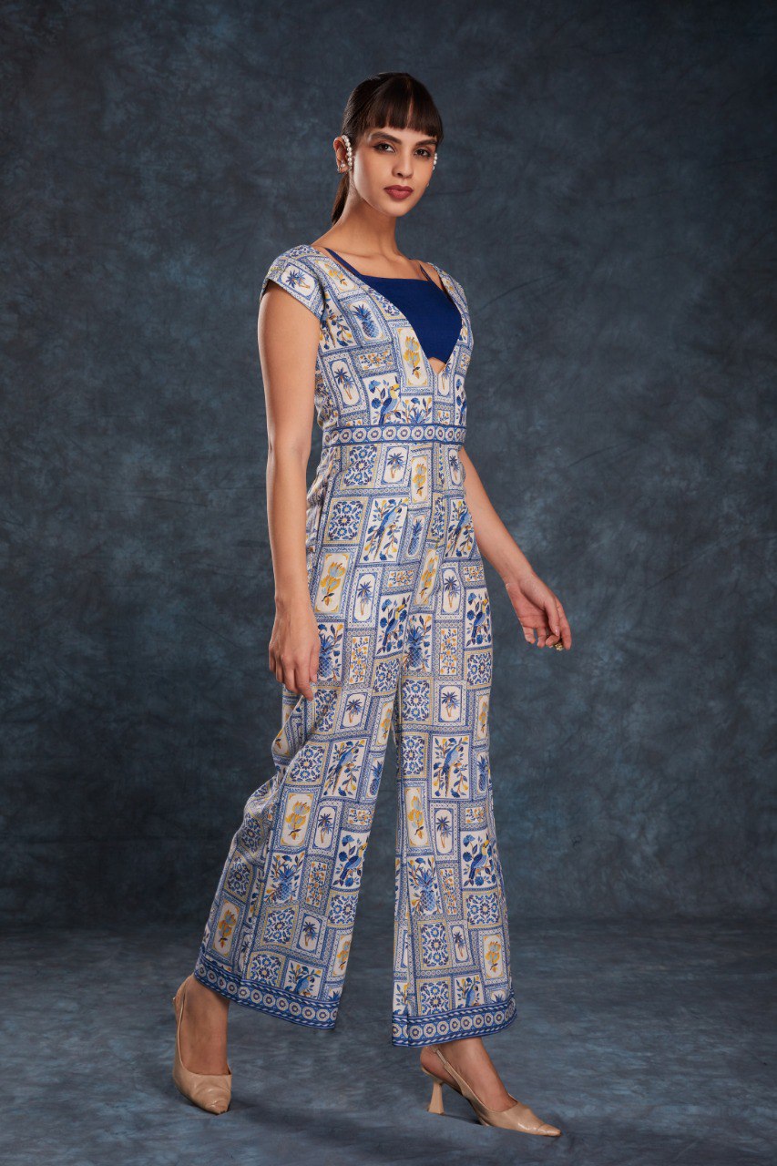 Blue Color Linen Printed Jump Suit