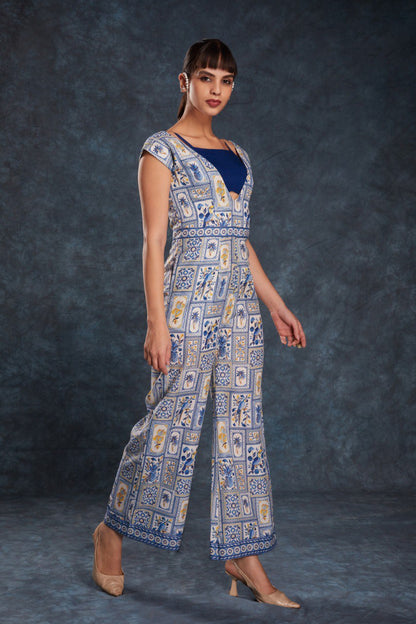 Blue Color Linen Printed Jump Suit