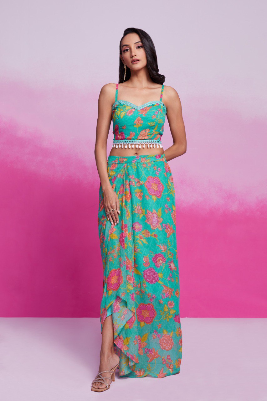 Turquois Color Georgette Printed Co-ord Set