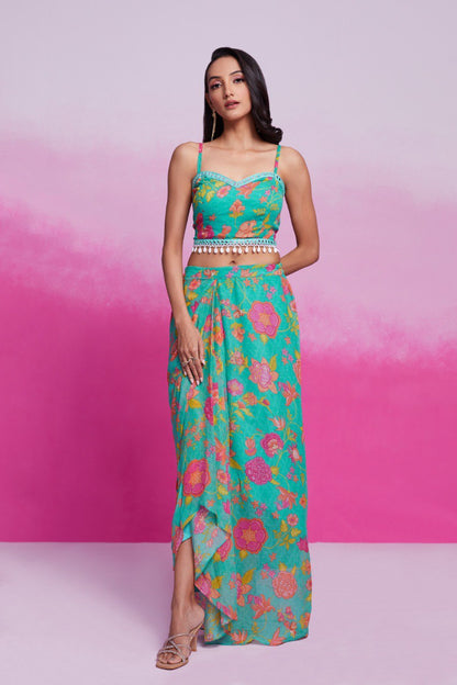 Turquois Color Georgette Printed Co-ord Set