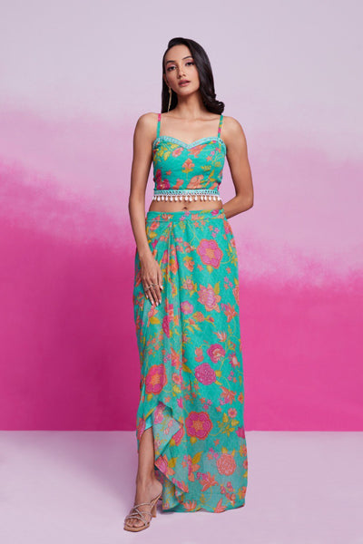 Turquois Color Georgette Printed Co-ord Set
