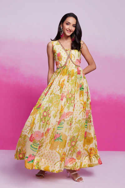 Yellow Color Organza Printed Gown