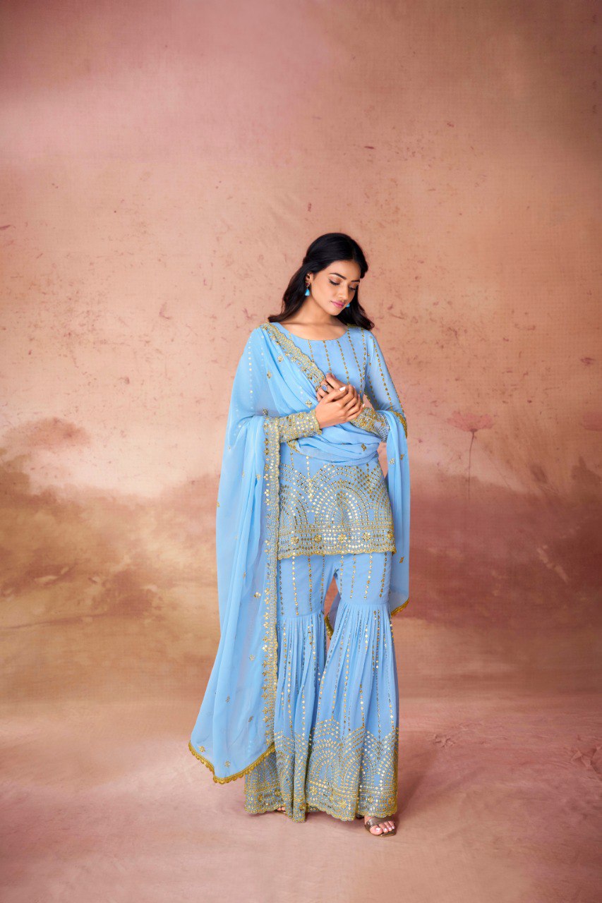 Latest Blue Color Georgette Sequence Sharara Suit