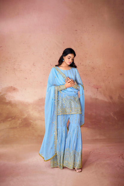 Latest Blue Color Georgette Sequence Sharara Suit