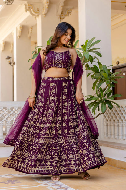Wine Color Georgette Sequence Lehenga Choli