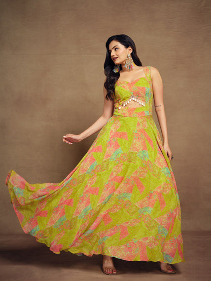 Green Color Georgette Digital Printed Gown